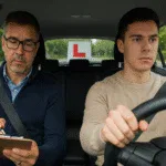 picture of a learner driver and instructor in practical driving test