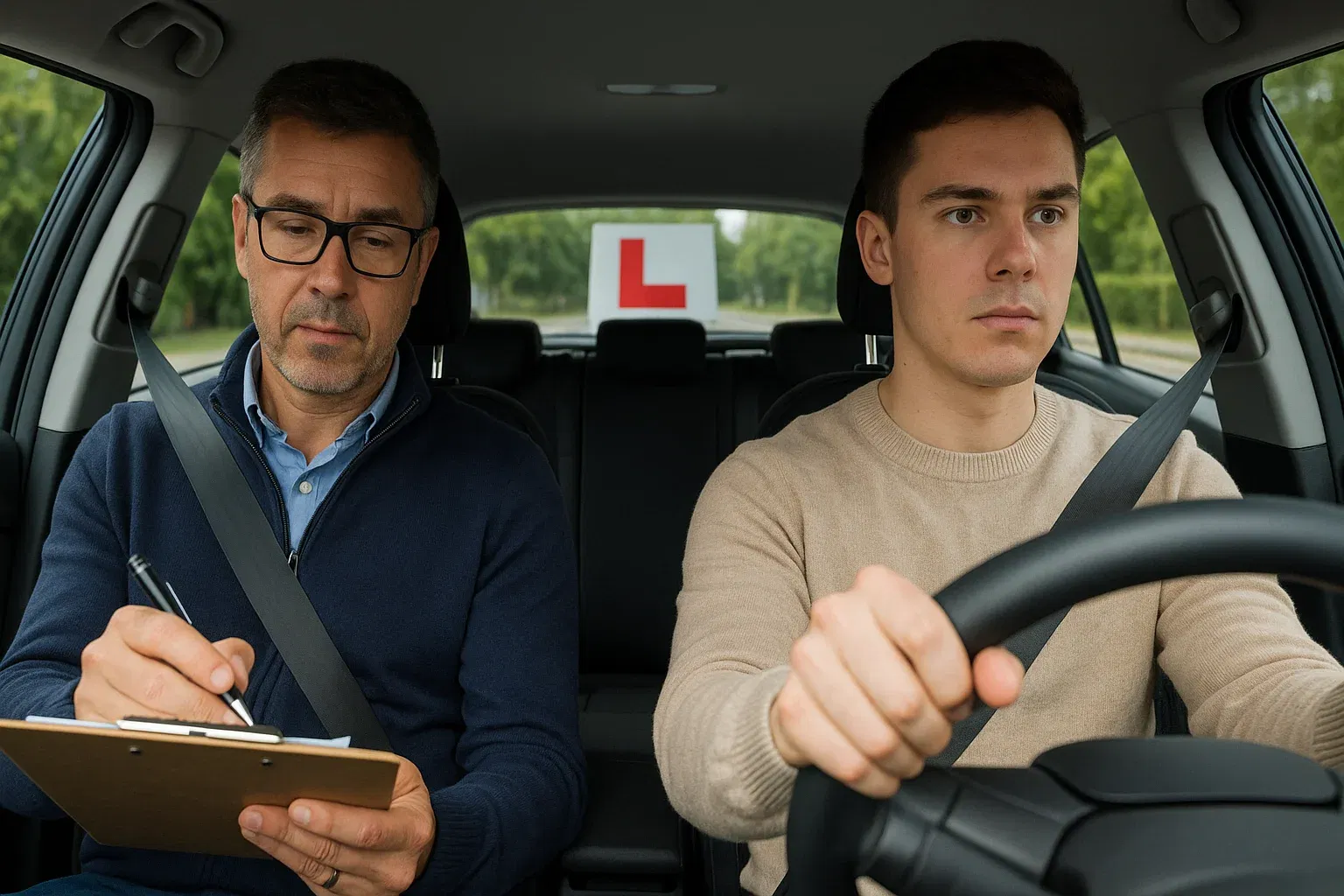 picture of a learner driver and instructor in practical driving test