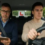 picture of a learner driver and instructor in practical driving test